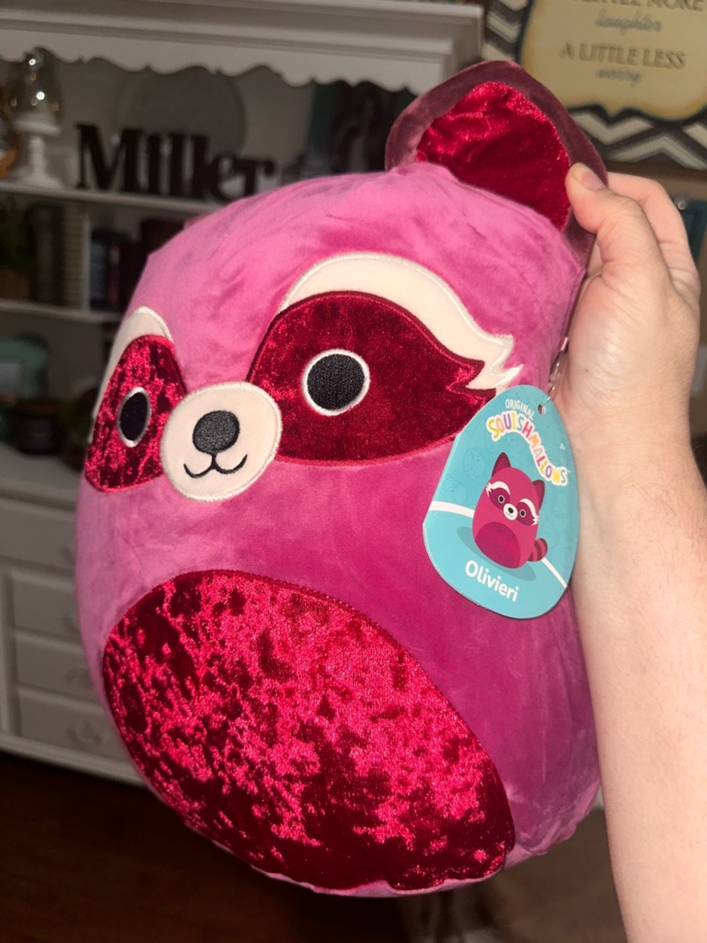 Squishmallows Olivieri Pink and Red Plush Raccoon Stuffed Animal
